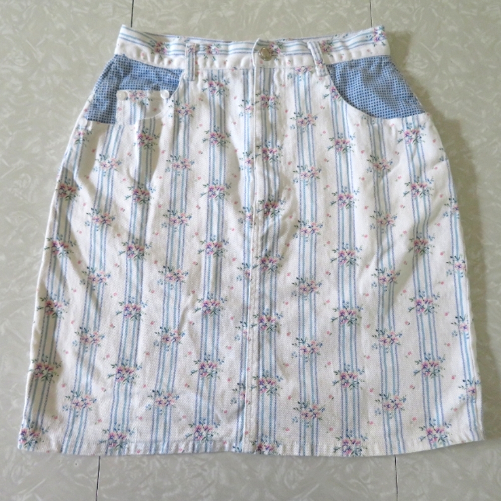 Vintage Floral Gingham Striped White Denim Mini Skirt
